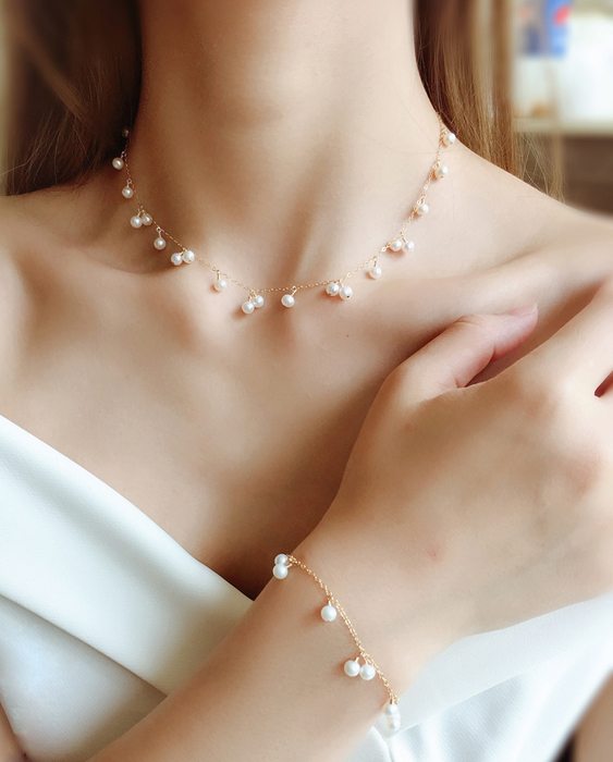 Bộ Dây Chuyền và Lắc Tay Bạc S925 Xi Vàng Kết Hợp những Viên Trai rơi nhẹ BTJ015