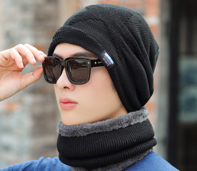 Bộ mũ len kèm khăn lót nỉ cho nam phong cách Hàn, sét nón len 2 trong 1 nam cao cấp