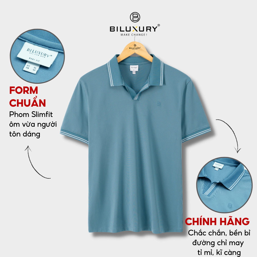 Áo polo nam Biluxury 7APCT037 form slimfit ôm vừa tôn dáng phối họa tiết viền 3 sọc trẻ trung năng động