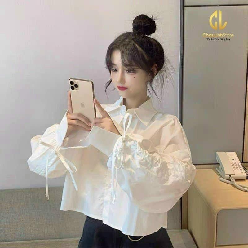 Áo sơ mi croptop tay dài rút dây cá tính