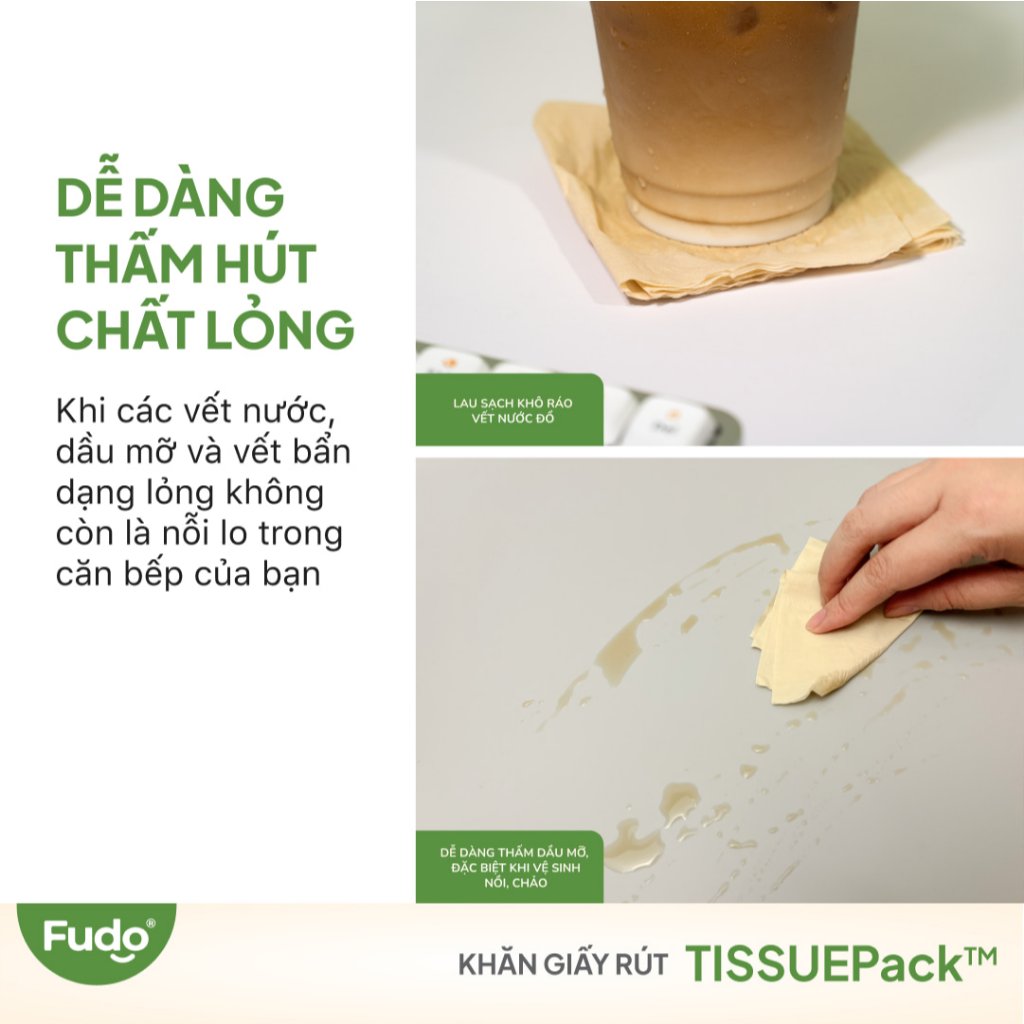 Khăn giấy khô Fudo® TISSUEPack™ từ tre không bụi vụn, không tẩy trắng - 2 Túi lớn - 08 gói/130 tờ - 03 lớp siêu thấm