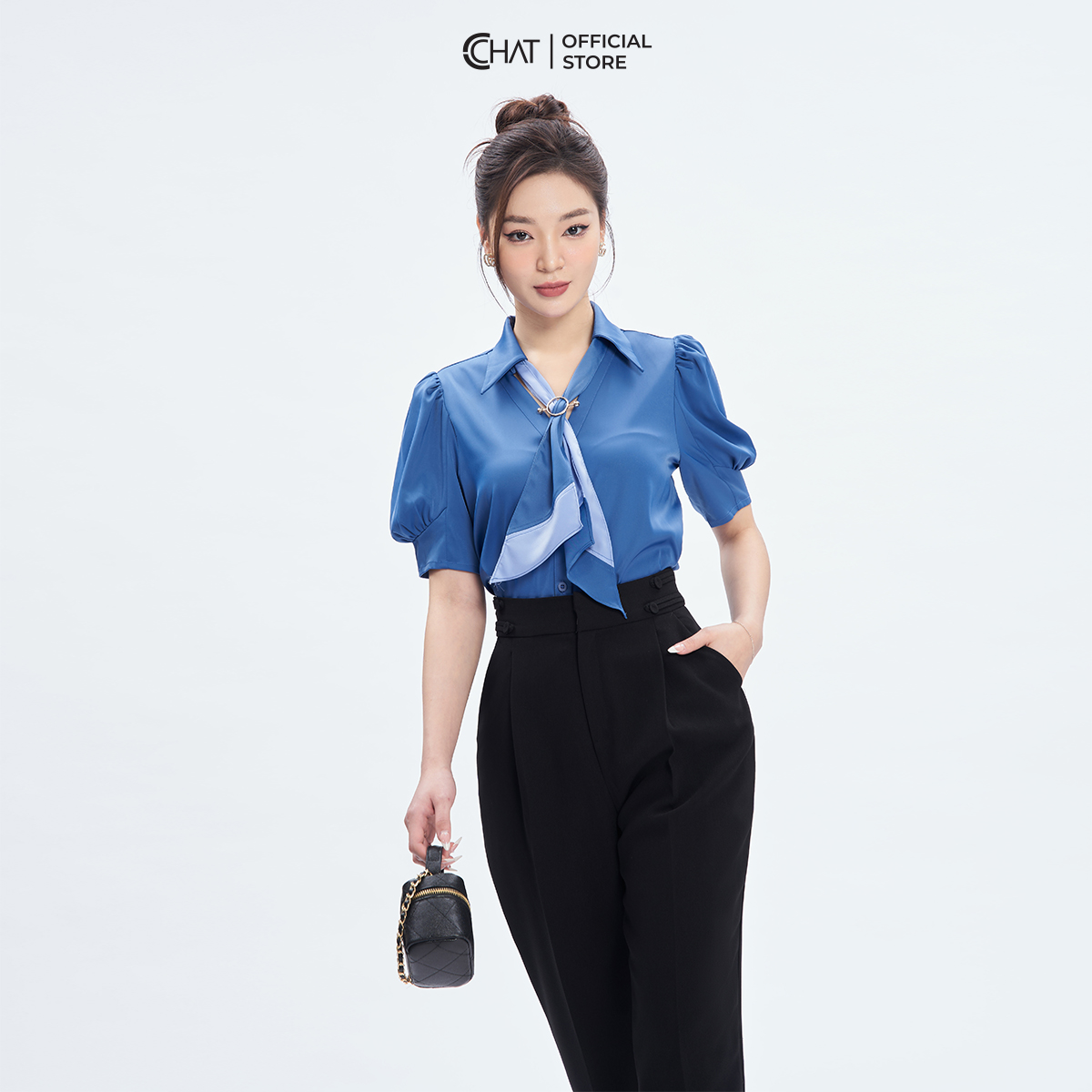 Áo Sơ Mi Nữ  Kiểu Cổ Đức Mở V Phối Khăn Chất Lụa Mềm Mịn 53SNL2005ST