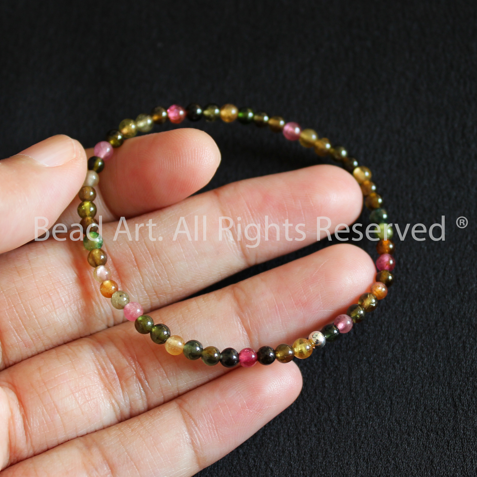 Vòng Tay 3MM Đá Tourmaline Đa Sắc Tự Nhiên Và Bạc 925, Mọi Cung Mệnh, Vòng Tay Phong Thuỷ, Chuỗi Hạt - Bead Art