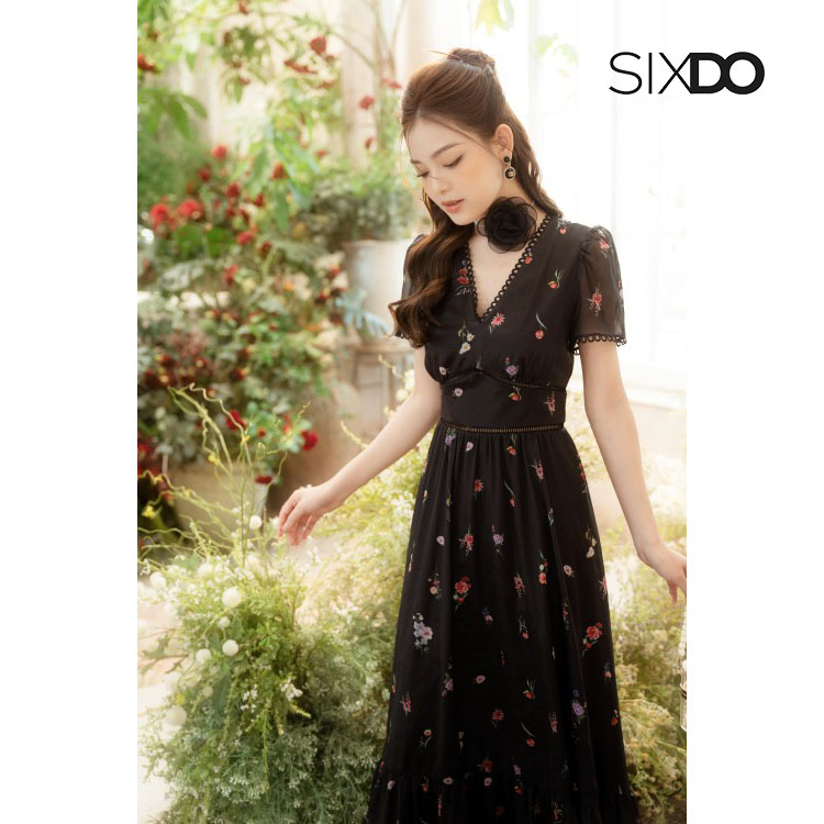 Đầm hoa midi cổ V thời trang SIXDO