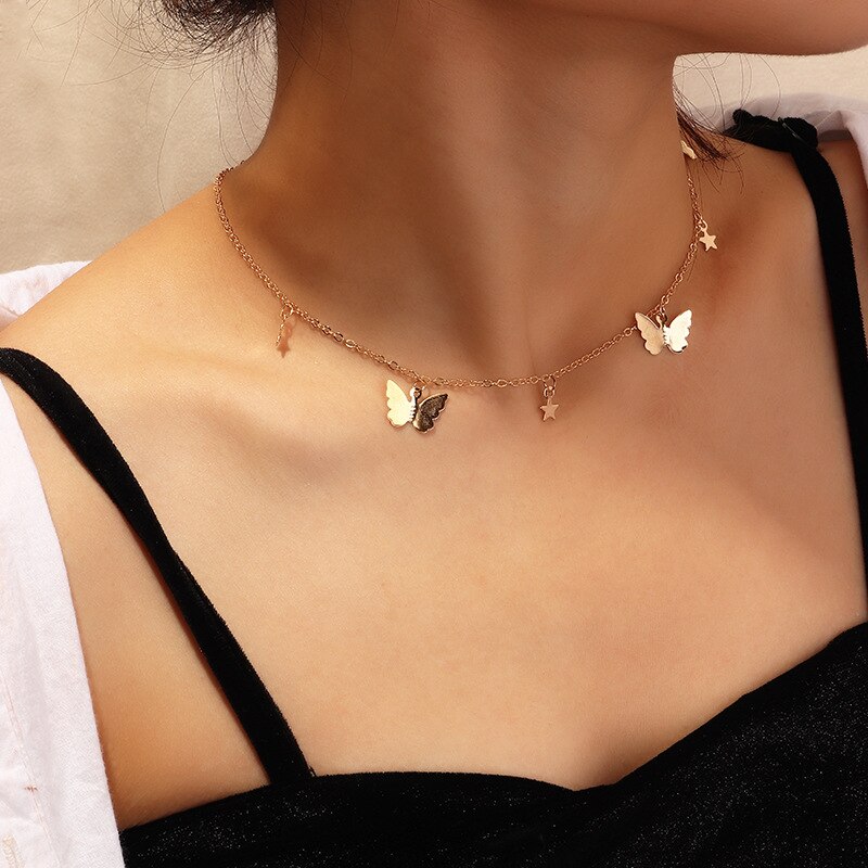 Vòng cổ choker mắt xích xi mạ vàng phối mặt bướm và ngôi sao thời trang