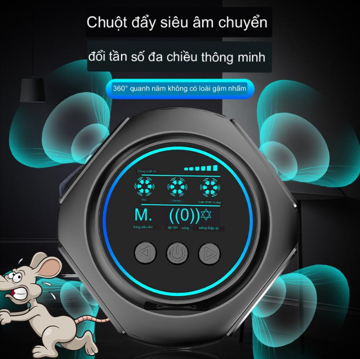 Máy đuổi chuột côn trùng sóng siêu âm cao tần công suất cao Với 4 Loa 360 độ LCD Wave 300m2 (Tiết Kiệm, An Toàn)