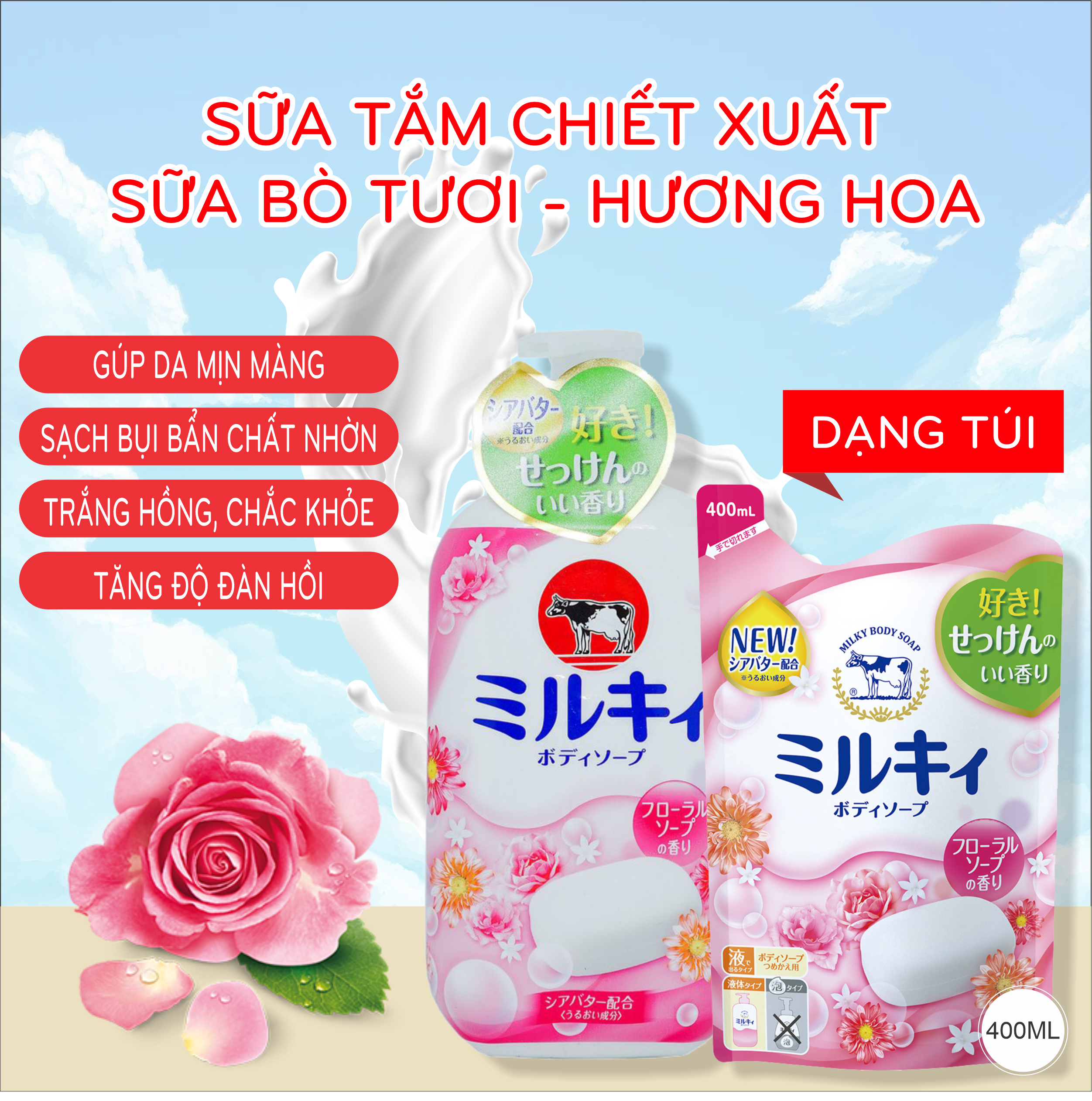 Sữa Tắm Dưỡng Trắng Mịn Da Hương Hoa Hồng Cow Milky Body Soap Floria Chiết Xuất Sữa Bò Tươi 550ml (Combo 550ml Và Set 24ml)