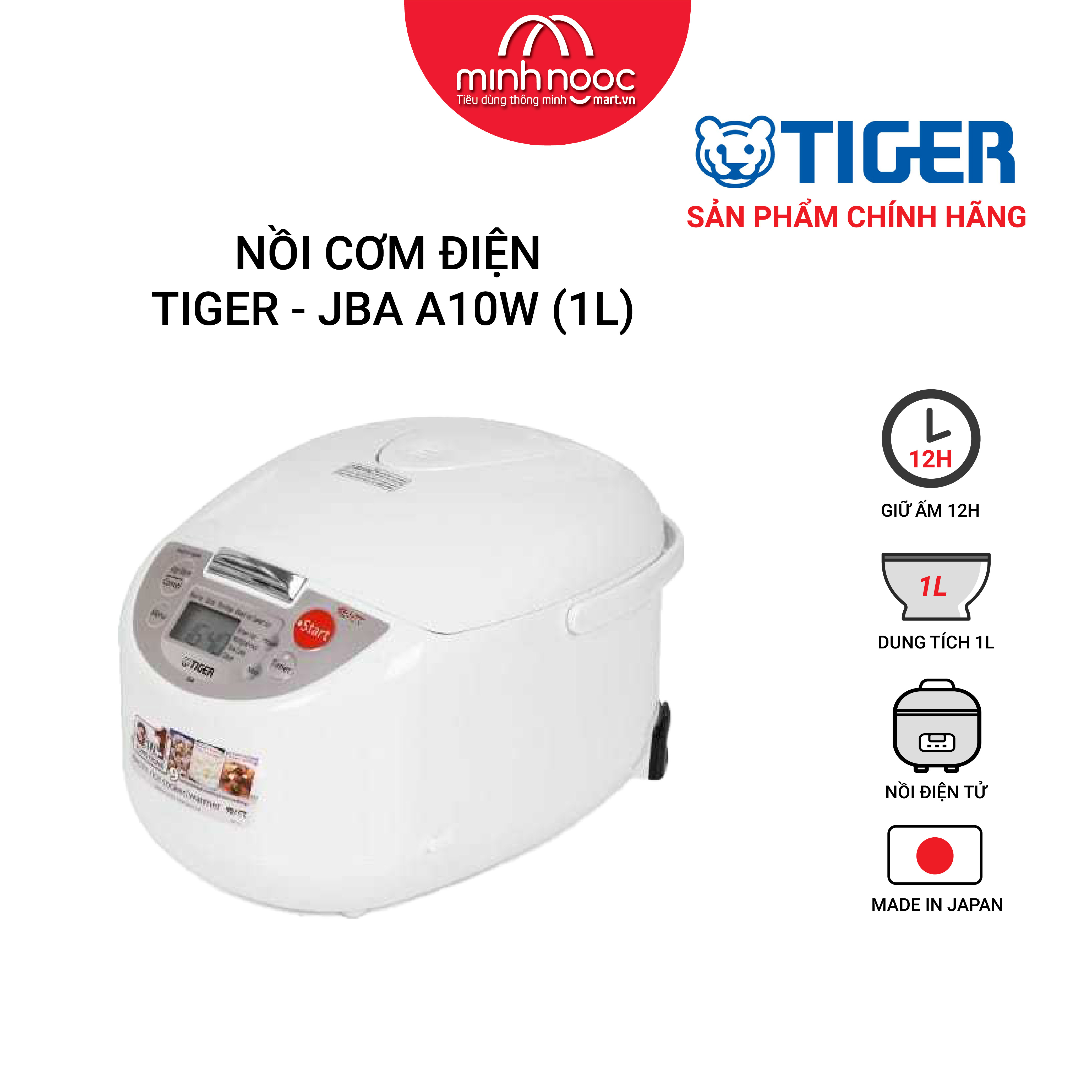 HÀNG CHÍNH HÃNG: Nồi cơm điện Tiger dung tích 1.0l JBA - A10W MADE IN JAPAN màu trắng