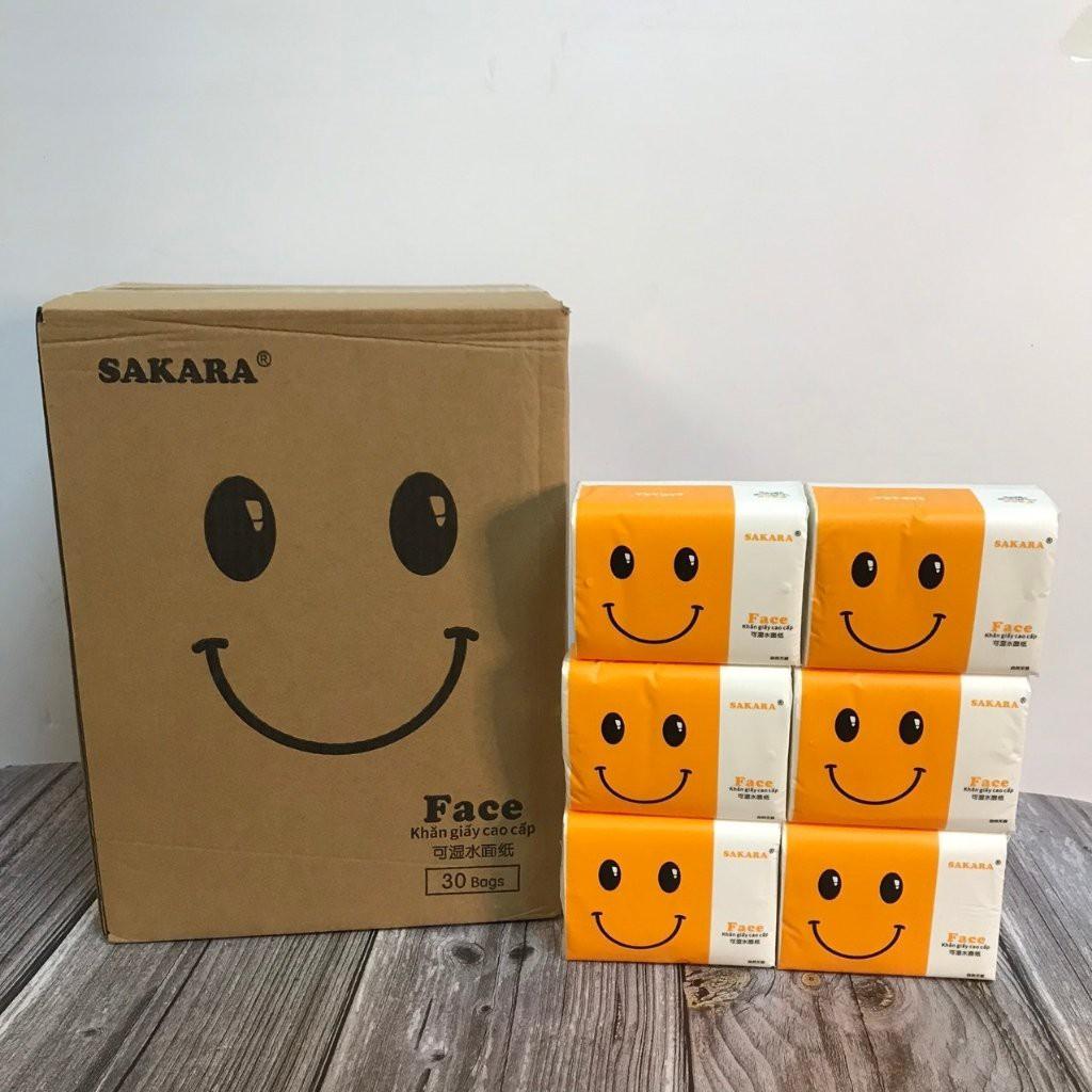 Giấy ăn Sakara mặt cười gấu trúc thùng 30 gói 1 tờ 4 lớp mềm dai không bụi giấy an toàn cho sức khoẻ