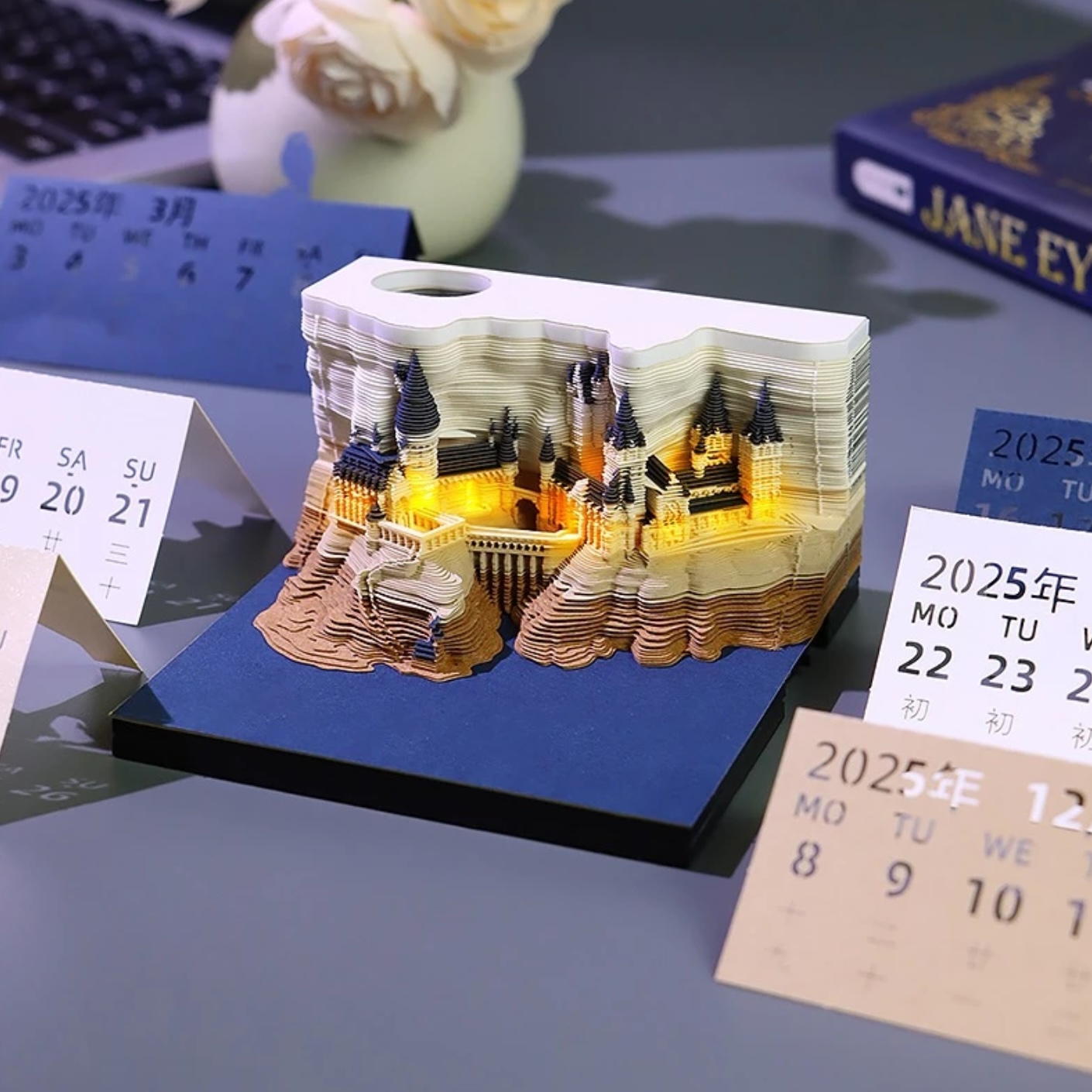Lịch xé mô hình giấy 3D rẻ 2025 ship HOẢ TỐC HCM lịch để bàn decor lâu đài Harry Potter có đèn LED lịch tặng bạn Free ship