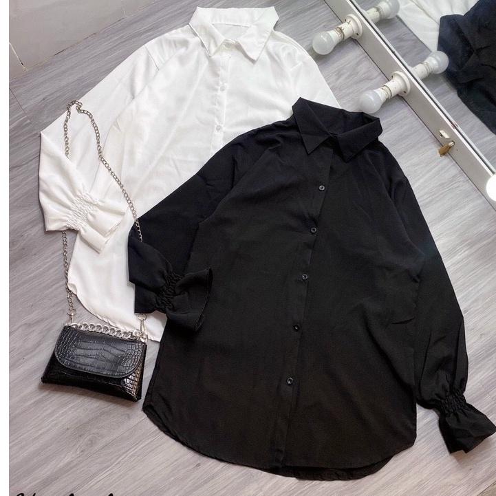 Áo sơ mi unisex nữ đen trắng dài tay Nhún form rộng , sơ mi nữ công sở dáng suông-CUN0550