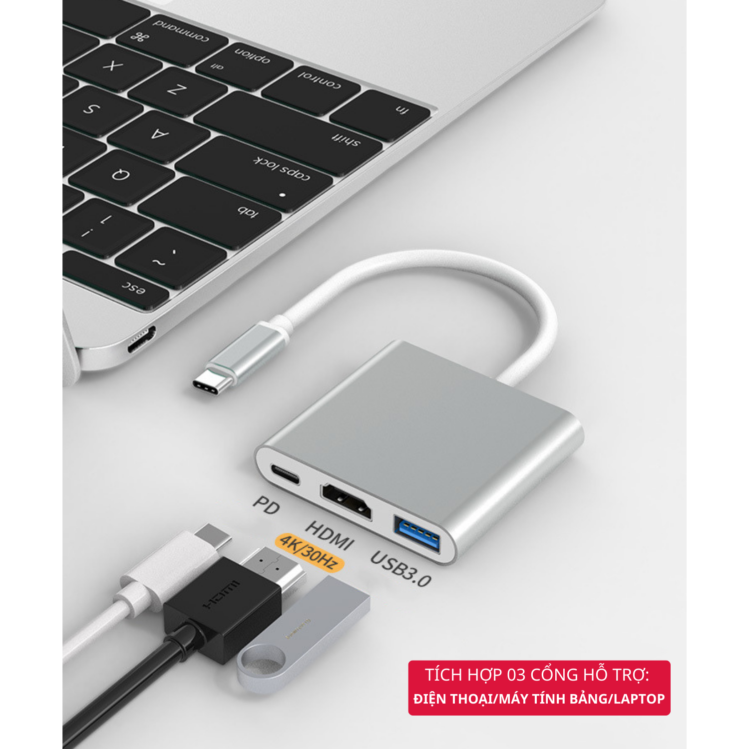 Hub Chuyển Đổi USB Type C 3 in 1 To HDMI, USB 3.0, Cổng Type C Hỗ Trợ Sạc Nhanh PD - Hàng Chính Hãng Tamayoko
