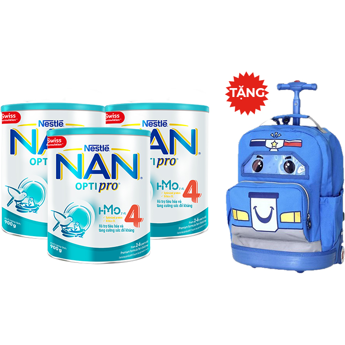 Combo 3 Lon Sữa Bột Nestlé NAN OPTIPRO HM-O 4 900g - Tặng Balo kéo Ô tô màu xanh