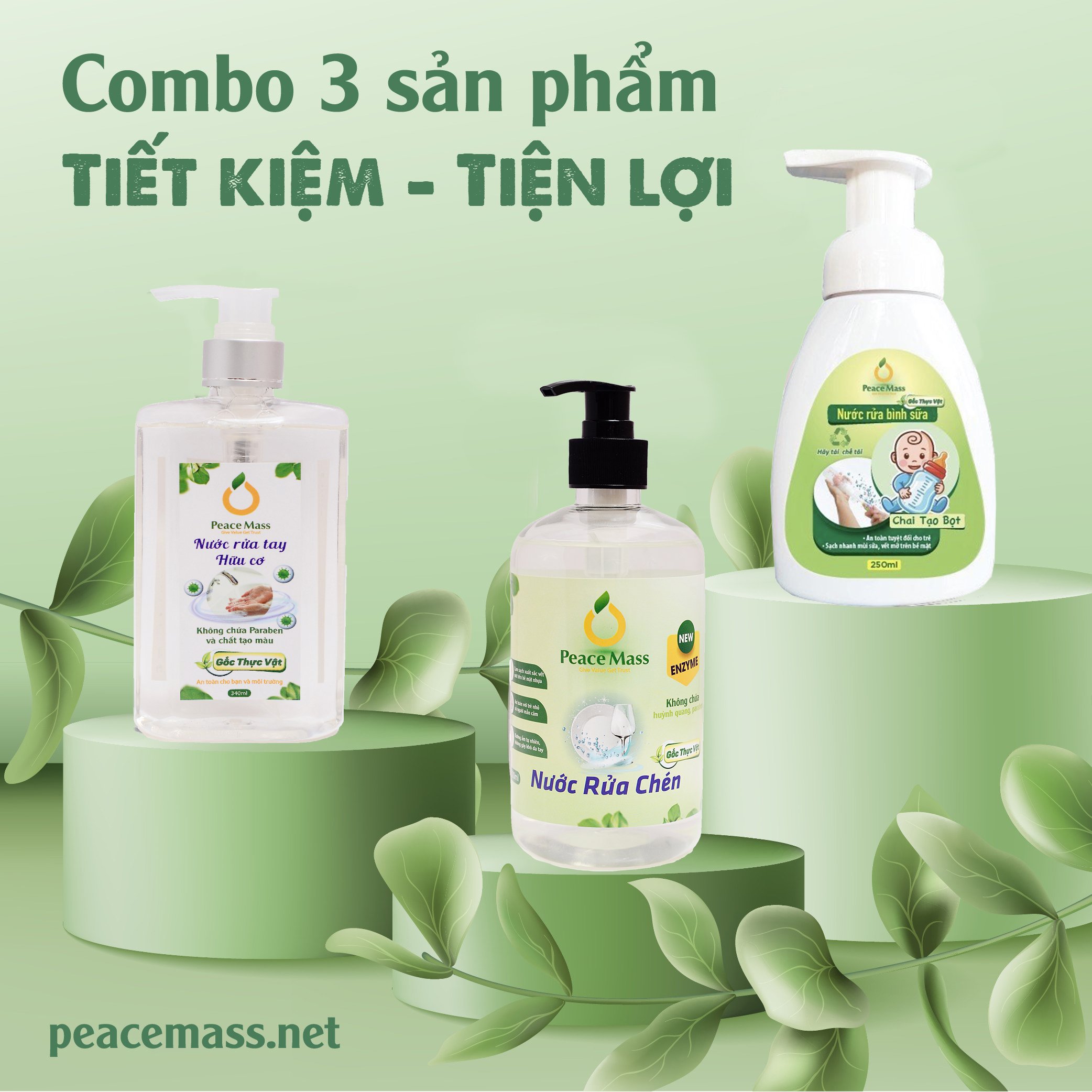 RBSC7 Combo Sản Phẩm Gốc Thực Vật Peace Mass Nước Rửa Bình Sữa 250ml + Nước Rửa Tay 340ml + Nước Rửa Chén 500ml