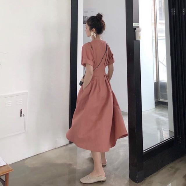 Đầm Suông Dài Hồng Đậm Xếp Li