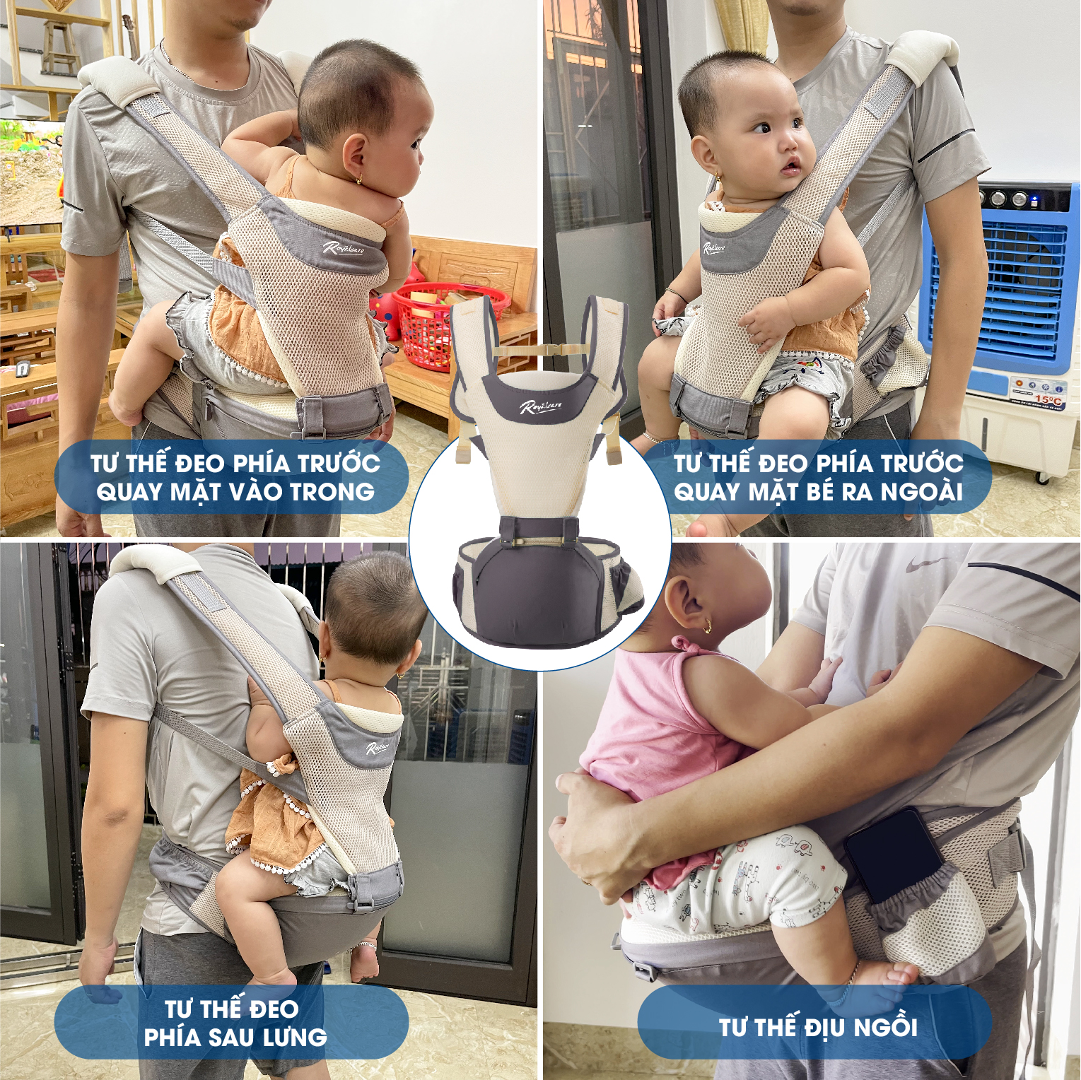 Địu ngồi trẻ em 4 tư thế lưới siêu thoáng Air mesh siêu thoáng Royalcare - 906 - cho bé 3 tháng tới 36 tháng