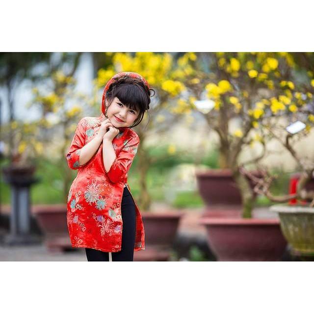 Áo dài phi thun in hoa + mấn cùng tông .