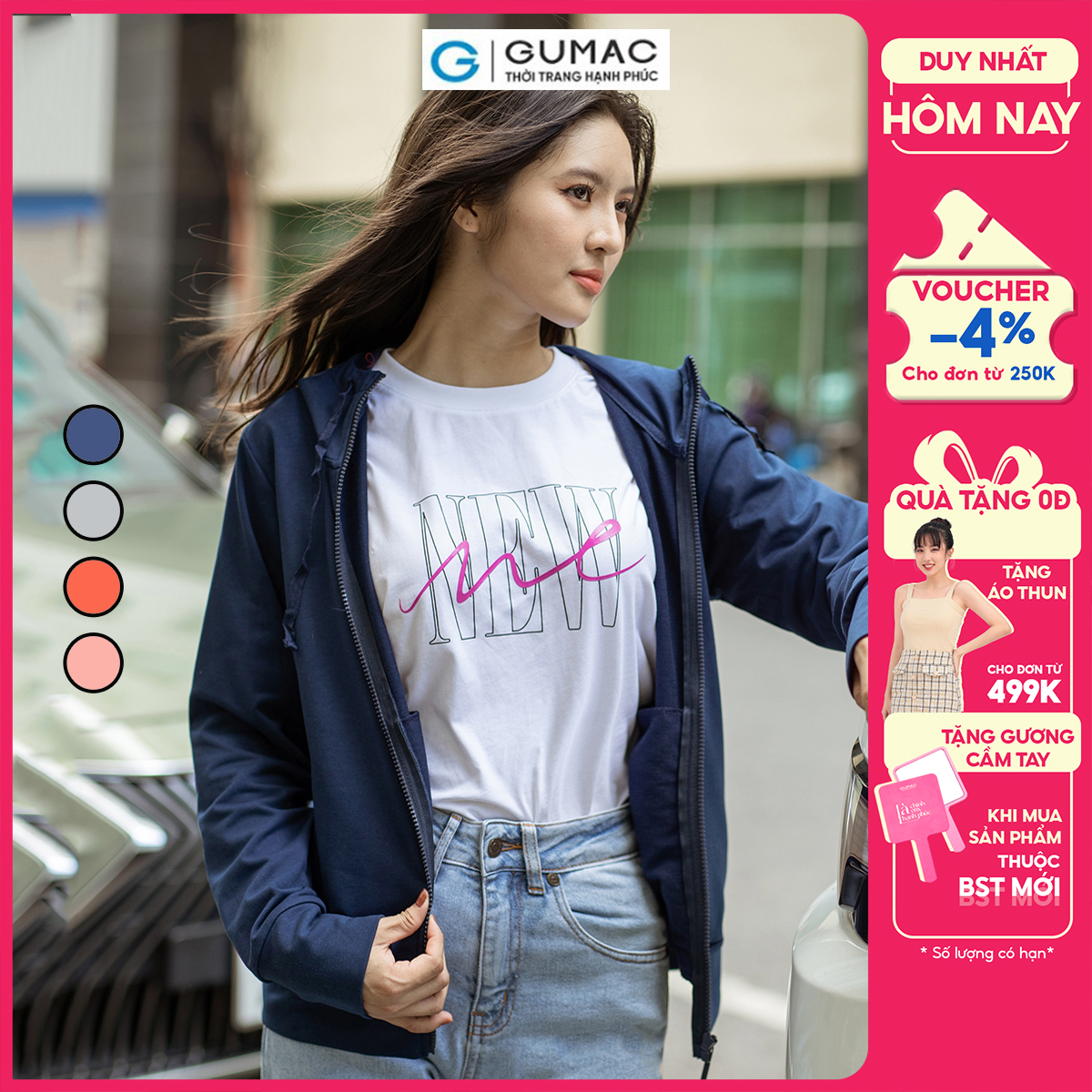 Áo khoác nữ phối khóa kéo có nón chống nắng trẻ trung năng động thời trang GUMAC AD05062 - AD05063 - AD05093