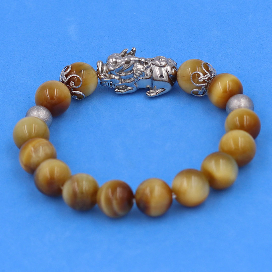 Vòng chuỗi đeo tay đá mắt hổ vàng 10 ly charm tỳ hưu inox, bi inox, khía bông inox, vòng tay phong thuỷ, vòng tay tỳ hưu