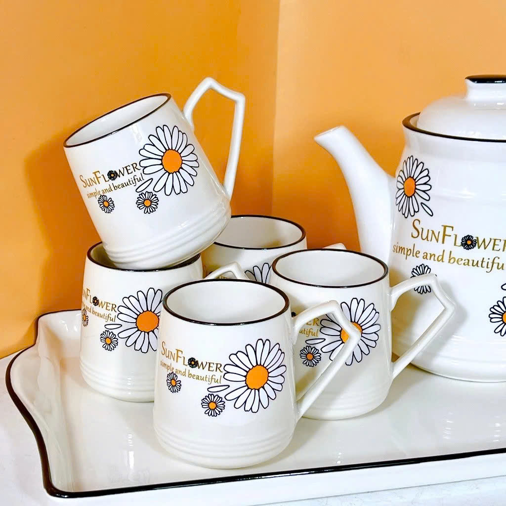 Bộ Ấm Trà Sứ Cao Cấp Kèm 6 Tách Trà + Khay Sứ Dày Dặn, Thiết Kế Tinh Tế Sang Trọng - HÀNG CHÍNH HÃNG MINIIN