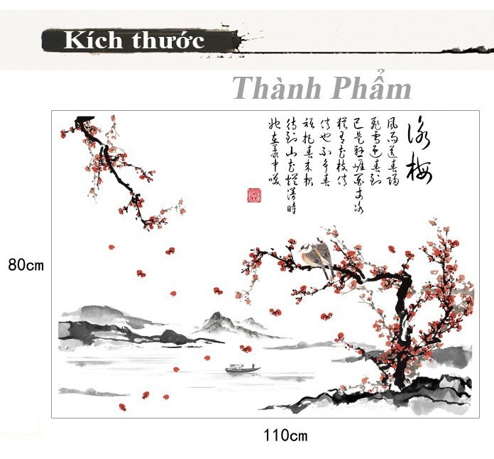 Decal dán tường nghệ thuật chim khổng tước và hoa đào nở
