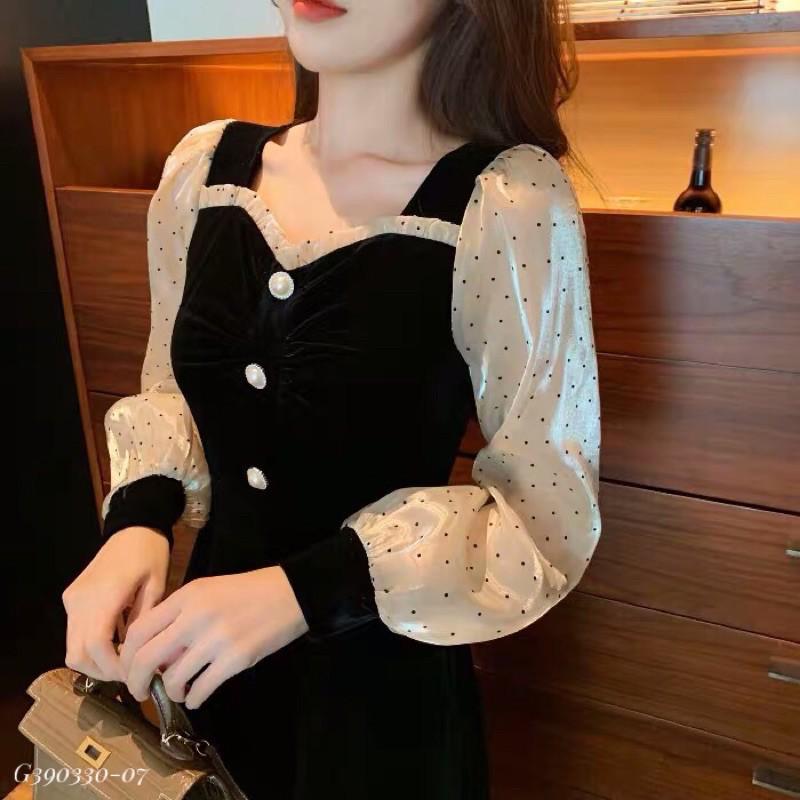 Váy nhung phối tay tơ oganza cao cấp cho con bú KÈM ẢNH THẬT SHOP CHỤP