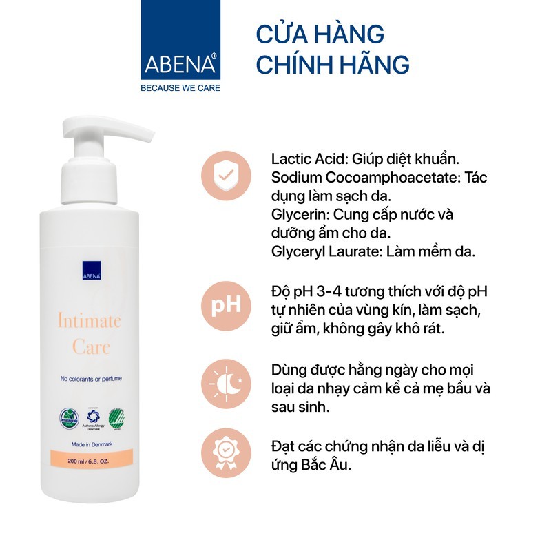 DUNG DỊCH VỆ SINH PHỤ NỮ ABENA INTIMATE CARE 200ML AN TOÀN DỊU NHẸ - P.H. 4 - CHỨNG NHẬN AN TOÀN DỊ ỨNG DA LIỄU BẮC ÂU (AN TOÀN CHO CẢ MẸ BẦU, MẸ SAU KHI SINH) - [ NHẬP ĐAN MẠCH ]