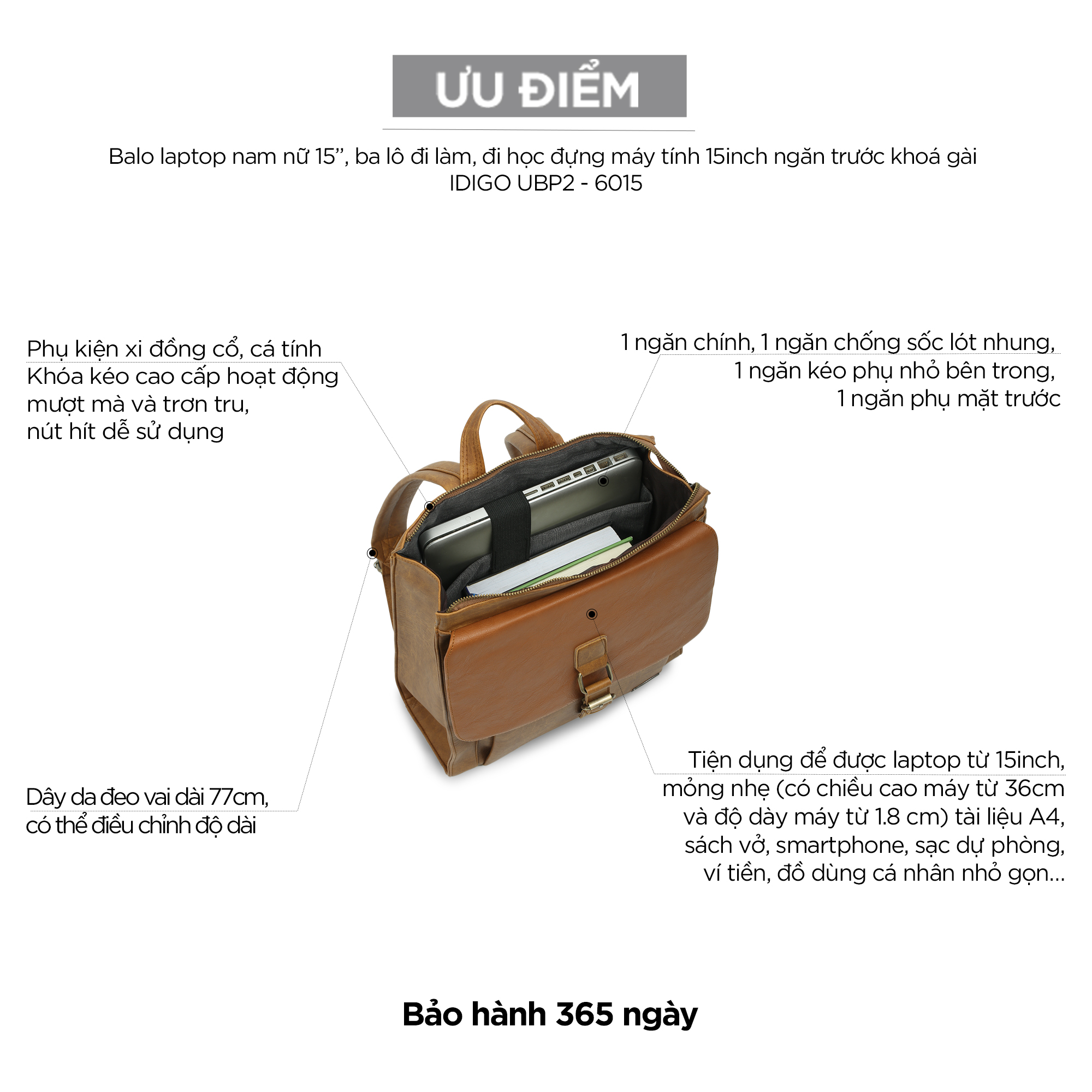 Balo Da Nam Nữ Đựng Laptop Thời Trang Ngăn Trước Khoá Gài IDIGO UBP2 - 6015, Balo Công Sở Cao Cấp