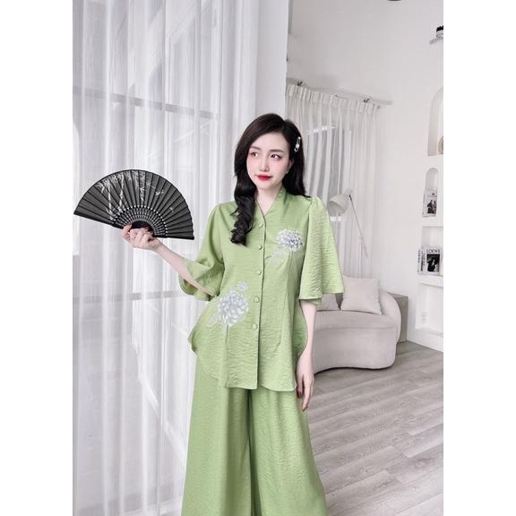 Đồ Bộ Nữ, Bộ Đồ Lam thêu hoa, lụa tuyết nhung, Freesize 40-65kg, tuỳ chiều cao