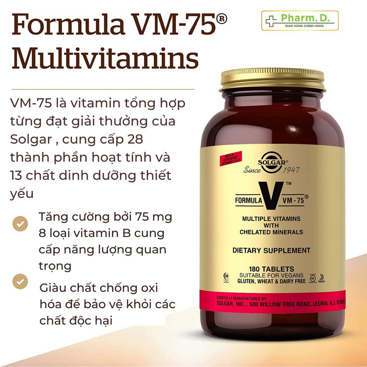 Viên Uống Solgar Formula VM-75 Bổ Sung Vitamin Và Khoáng Chất, Chống Oxy Hóa, Tăng Cường Chuyển Hóa Năng Lượng (Hộp 60 Viên)