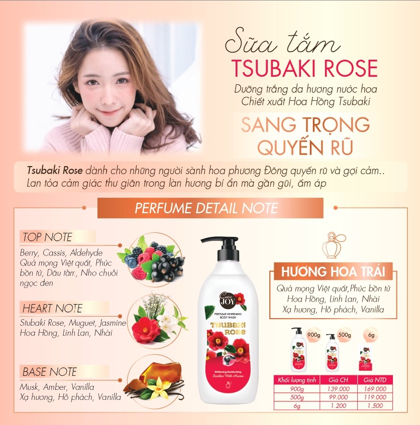 Sữa Tắm Nước Hoa Sáng Da Coco Joy Tsubaki Rose 900g