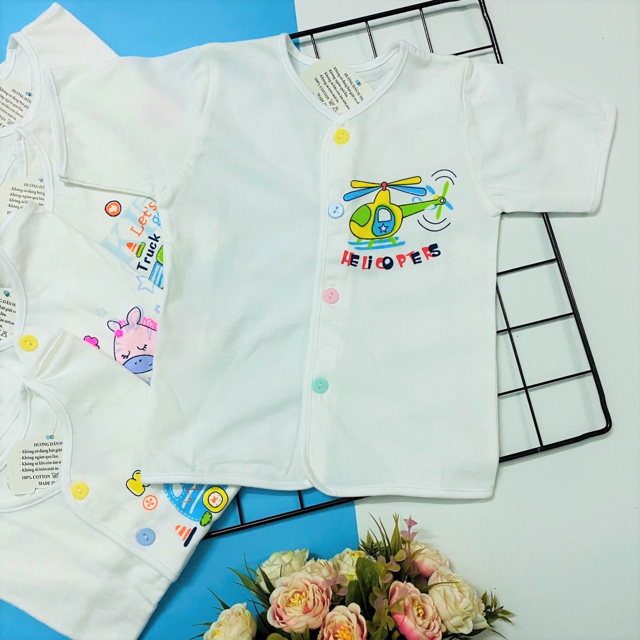 Set 5 áo sơ sinh cotton tay ngắn cài nút giữa trắng J-Tomtom Baby cho bé trai, bé gái - Giao hình ngẫu nhiên