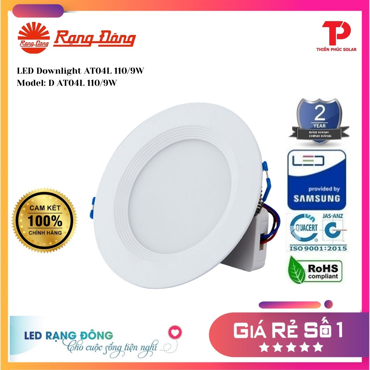 Đèn LED downlight Rạng Đông chiếu sáng Âm Trần tròn Lỗ khoét 110mm Model: D AT04 110/9W 220V E Vỏ chất liệu nhôm thuần được phủ lớp sơn nano cho màu sắc tương đồng với màu sắc hệ trần thạch cao, trần nhôm.