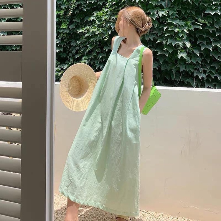 Váy maxi đi biển hai dây bản to màu xanh, đầm dây hở lưng cổ vuông chất thô from rộng dáng dài