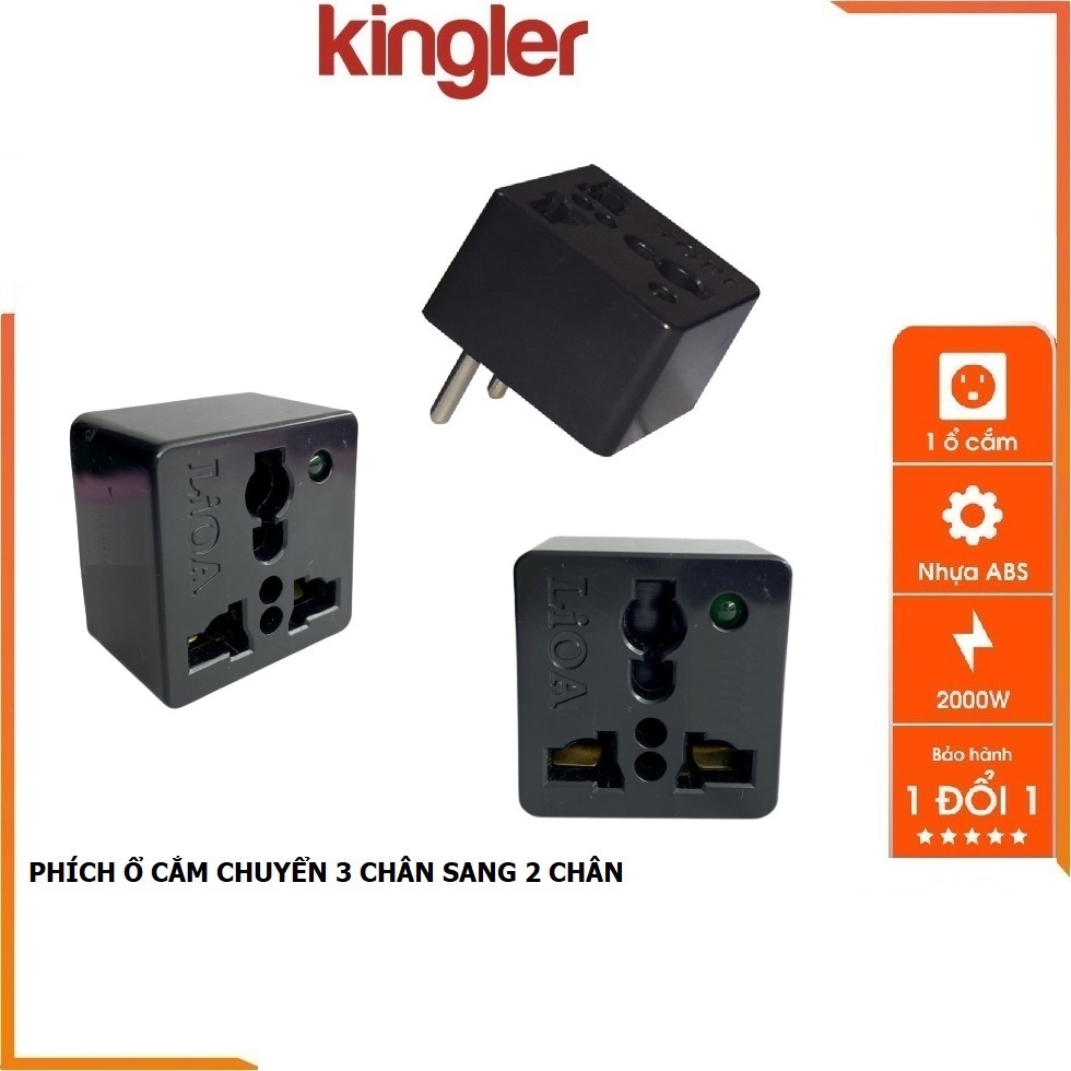 Phích Cắm Điện Chuyển Từ 3 Chân Sang 2 Chân, Ổ Cắm Chuyển Đổi Đa Năng An Toàn,Chịu Tải Cao, Tiện Dụng. Kingler 8613 - Hàng Chính Hãng