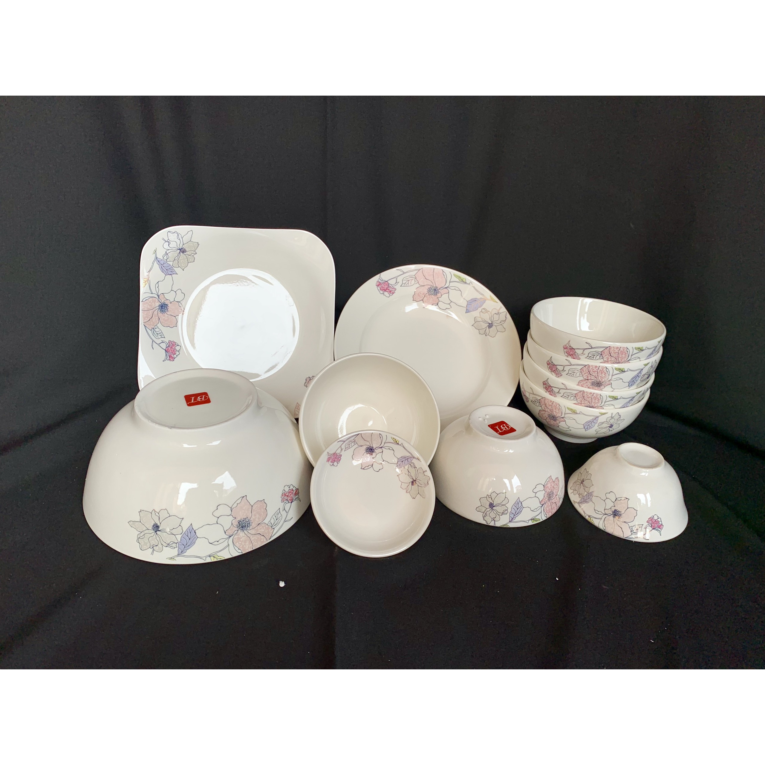 Bộ đồ ăn gốm sứ cao cấp 11 món :bát, đĩa, tô, chén gốm sứ - Hoa dây leo hồng