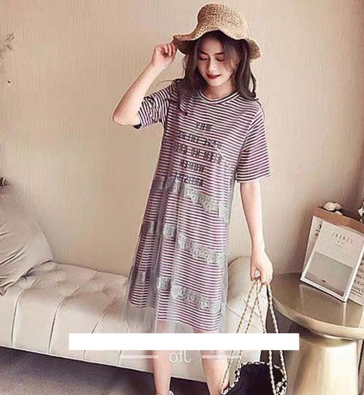 Đầm suông sọc ngang phối lưới Mã: DA5196 - ĐỎ