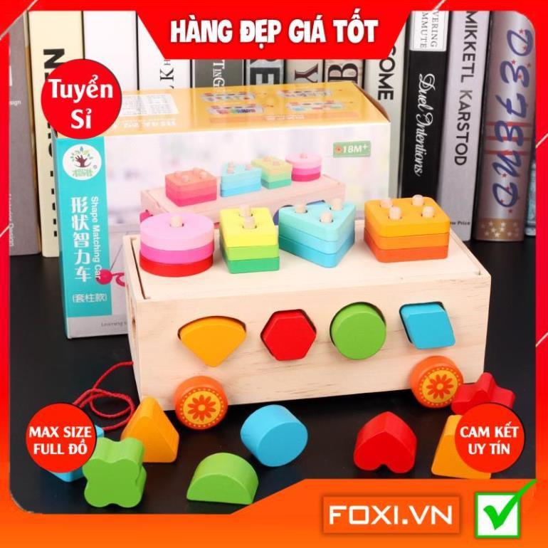 Đồ Chơi Gỗ-Xe Kéo Thả Hình Khối Foxi Kết Hợp Đán-Chữ Số-Bảng Phân Loại Hình Khối Cho Bé học tập