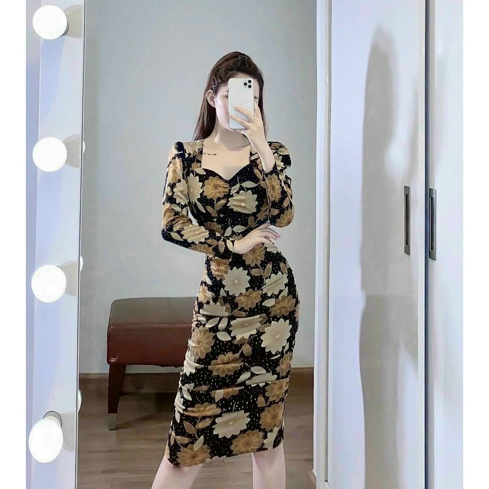 Đầm body dài nhún sườn hoạ tiết hoa kèm mút