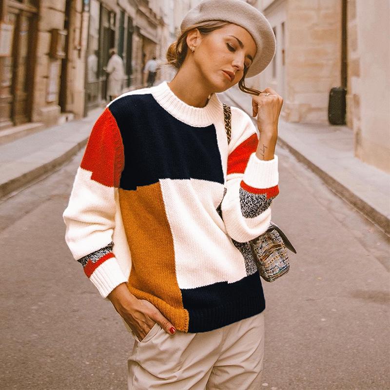 New Winter Women Knitted Sweater Top Multicolor Block O-Neck Long Sleeve Loose Casual Pullover Tee Shirt White