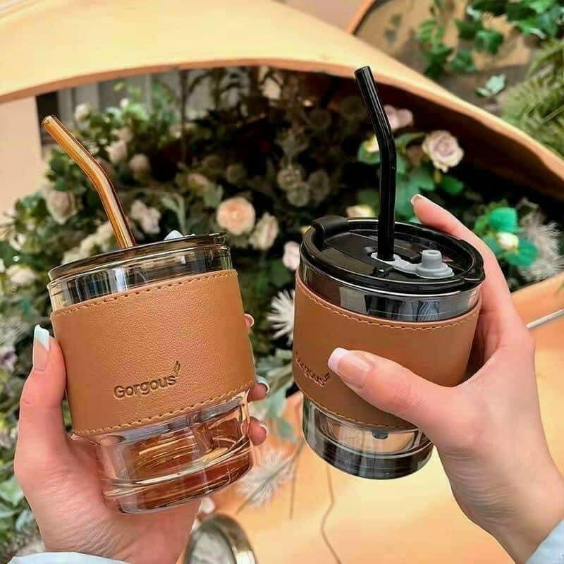 Cốc thủy tinh bọc da kèm ống hút cao cấp