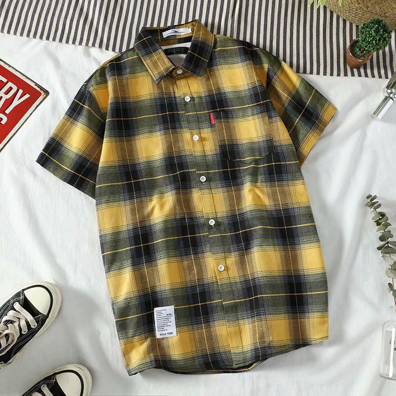 Áo sơ mi tay ngắn họa tiết sọc vuông thời trang phong cách cho nam