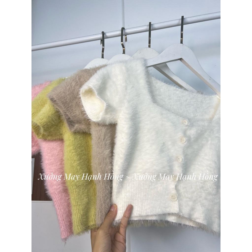 Áo len cổ vuông ngắn tay chất len lông thỏ, Áo cardigan len croptop hàng Quảng Châu