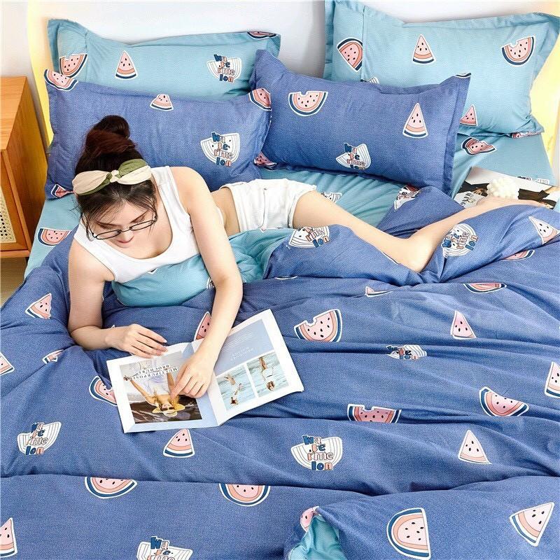 Bộ chăn ga Cotton Poly M2T bedding, chăn ga hàn quốc họa tiết dưa hấu xanh miễn phí bo chun