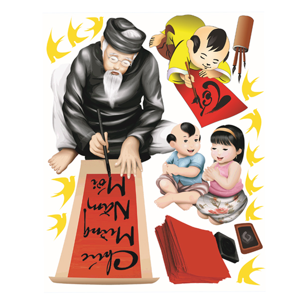 Decal Dán Tường Trang Trí Têt Ông Đồ Và Trẻ Nhỏ Ngày Xuân