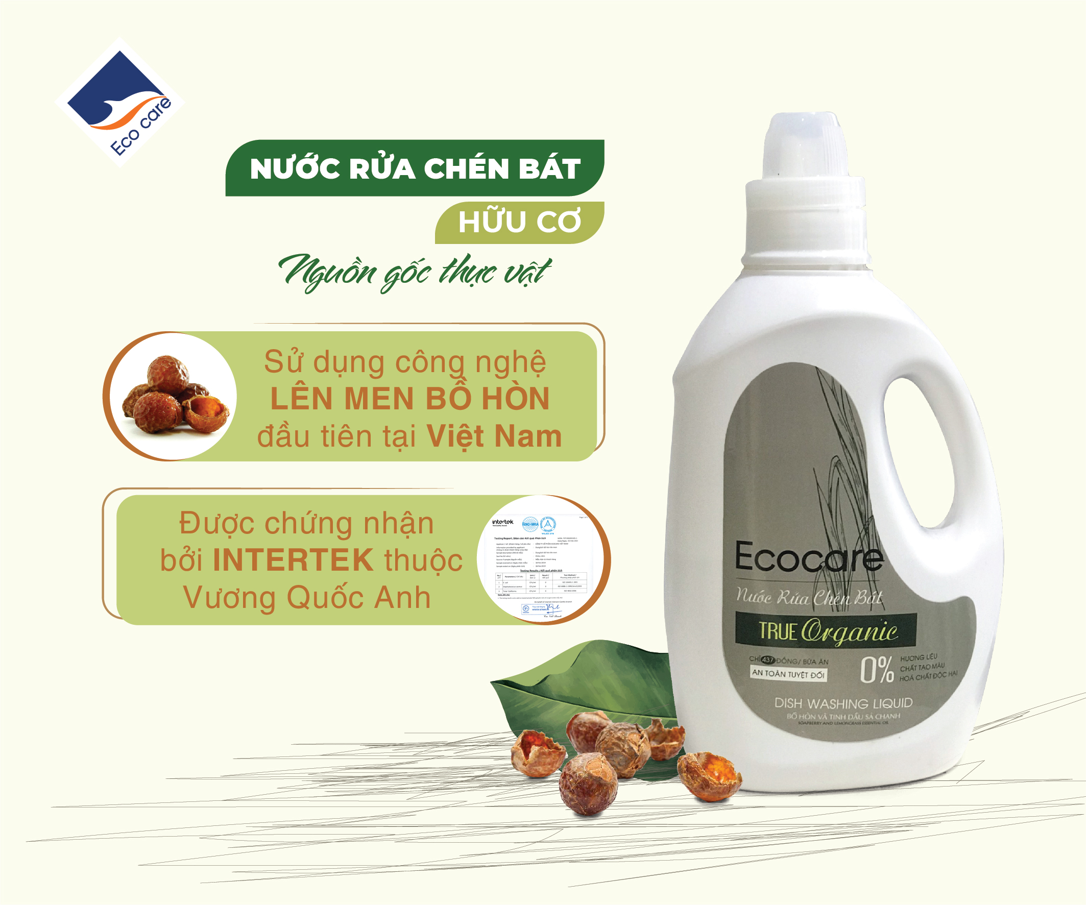 Nước rửa chén hữu cơ Bồ hòn Ecocare - 100% thực vật, không hóa chất, tinh dầu khử mùi, chăm sóc da tay, tiết kiệm nước 30% - Chai 2000ml - Quế