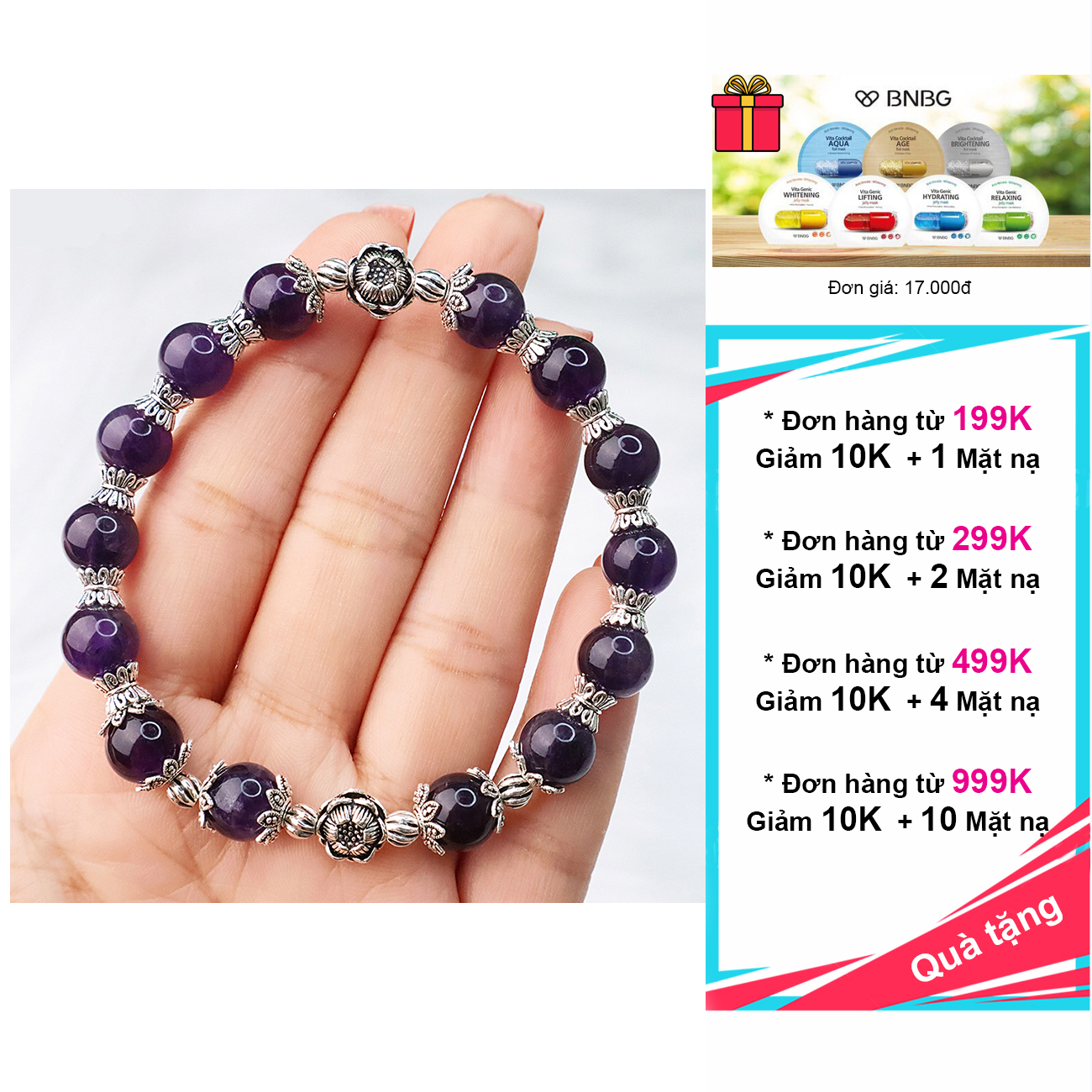 Vòng đá thạch anh tím 8mm mix charm bạc 925 cao cấp