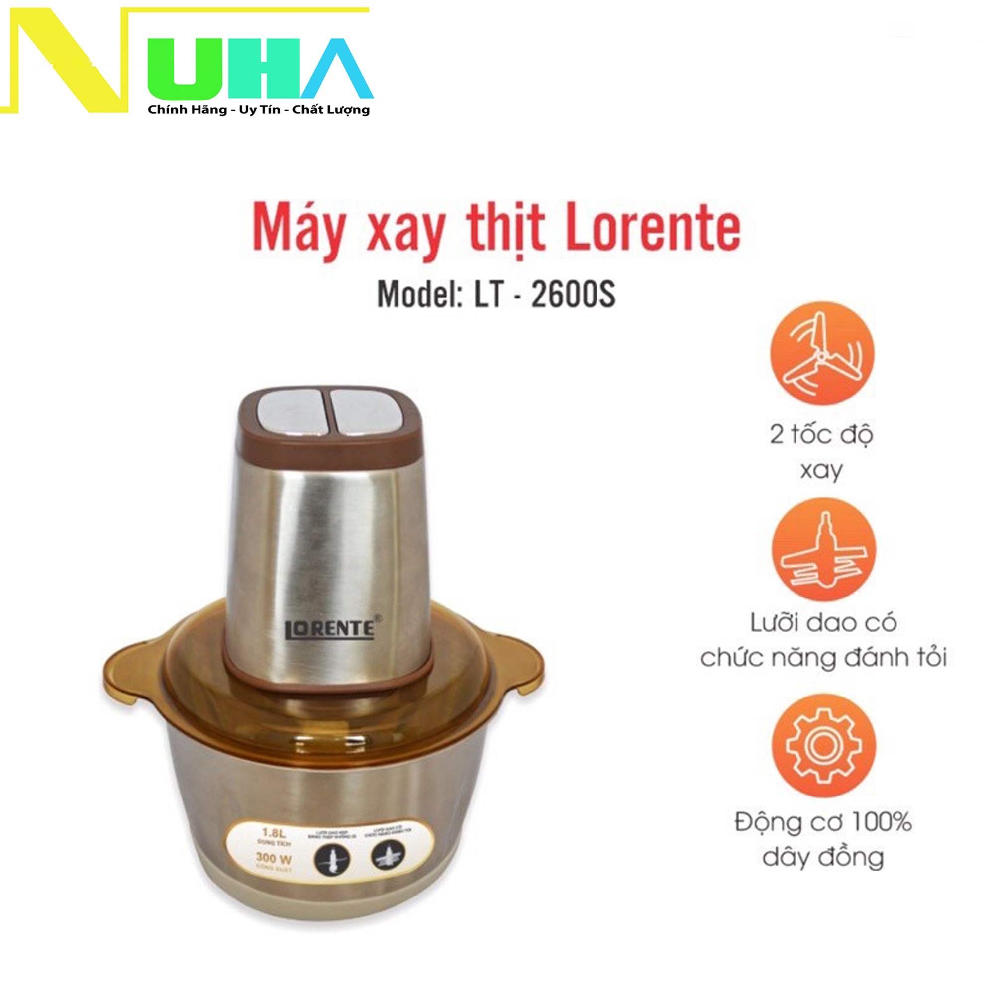 Máy xay thịt, bóc tỏi cối inox 1.8L LORENTE, công suất 300W, động cơ dây đồng-Hàng chính hãng