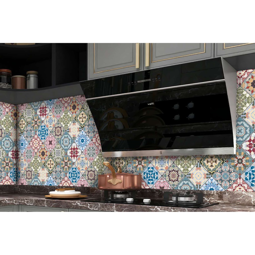 Combo 3 mét giấy dán bếp, decal dán bếp tráng nhôm GẠCH HOA NHIỀU MÀU khổ 60cm có keo sẵn