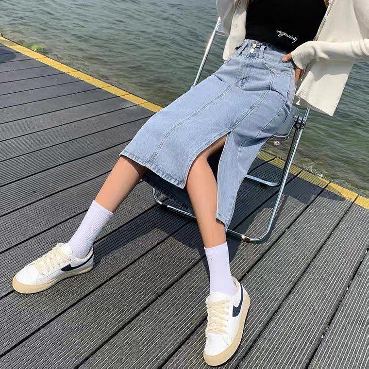 (Sẵn+ Ảnh Thật) Chân Váy Jeans Dài Cạp Cao Xẻ Gấu, Váy Jeans Chữ A DENIM cạp cao